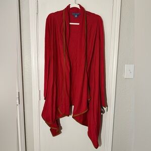 Ralph Lauren Drape Open Cardigan Leather Trim Red Women's Sweater Size M
